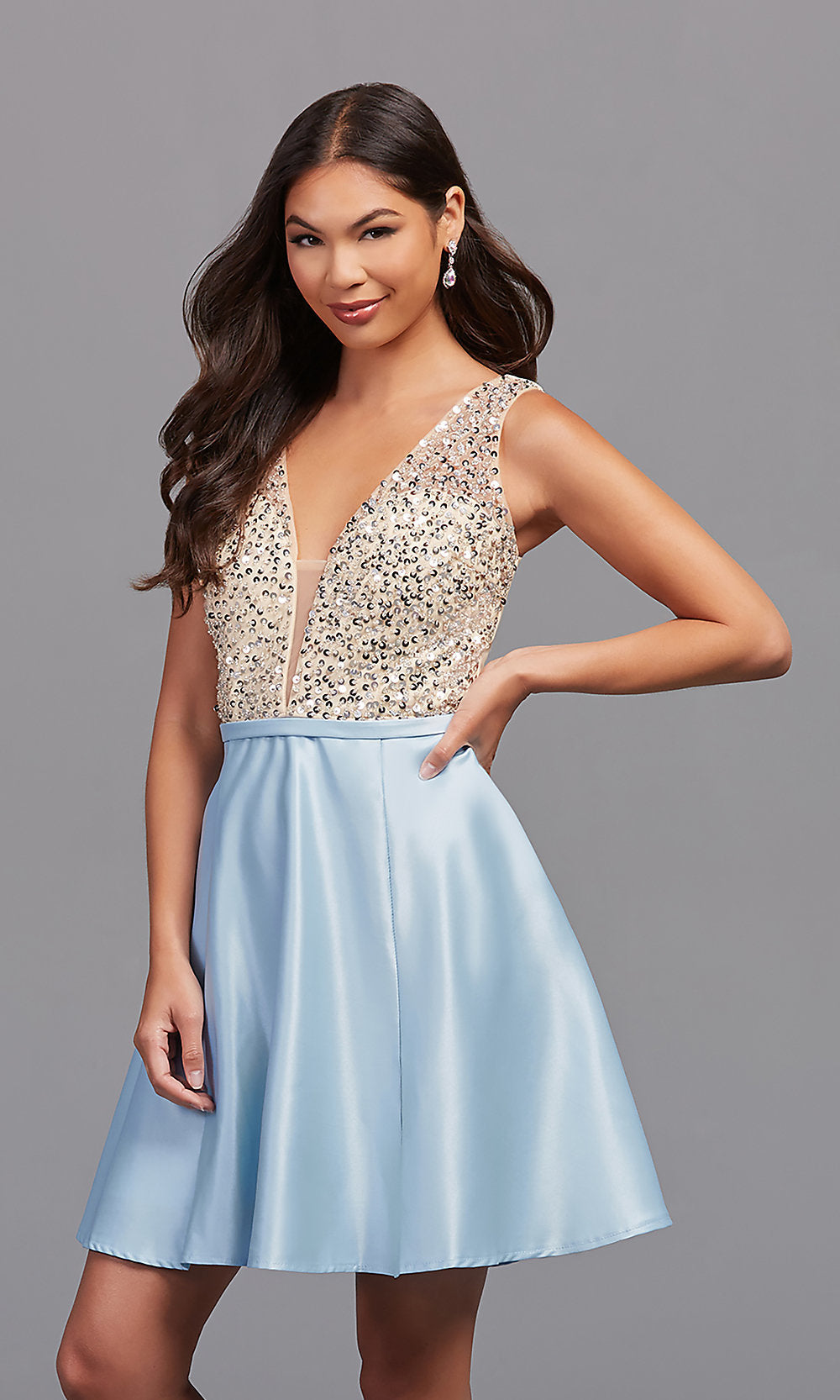 Sky Blue Short Sequin-Bodice Satin Homecoming Party Dress