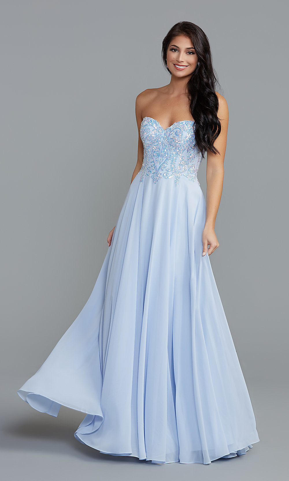 Sky Blue Iridescent-Sequin Long Blue Prom Dress