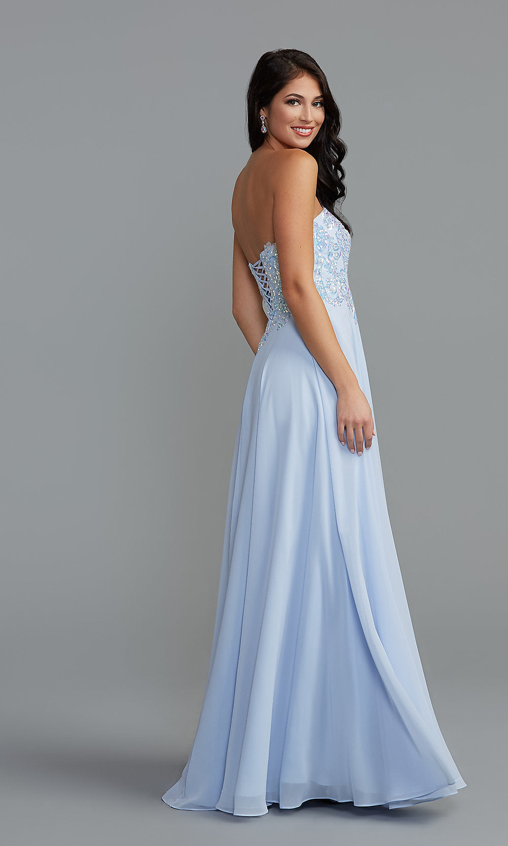  Iridescent-Sequin Long Blue Prom Dress