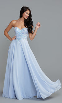  Iridescent-Sequin Long Blue Prom Dress