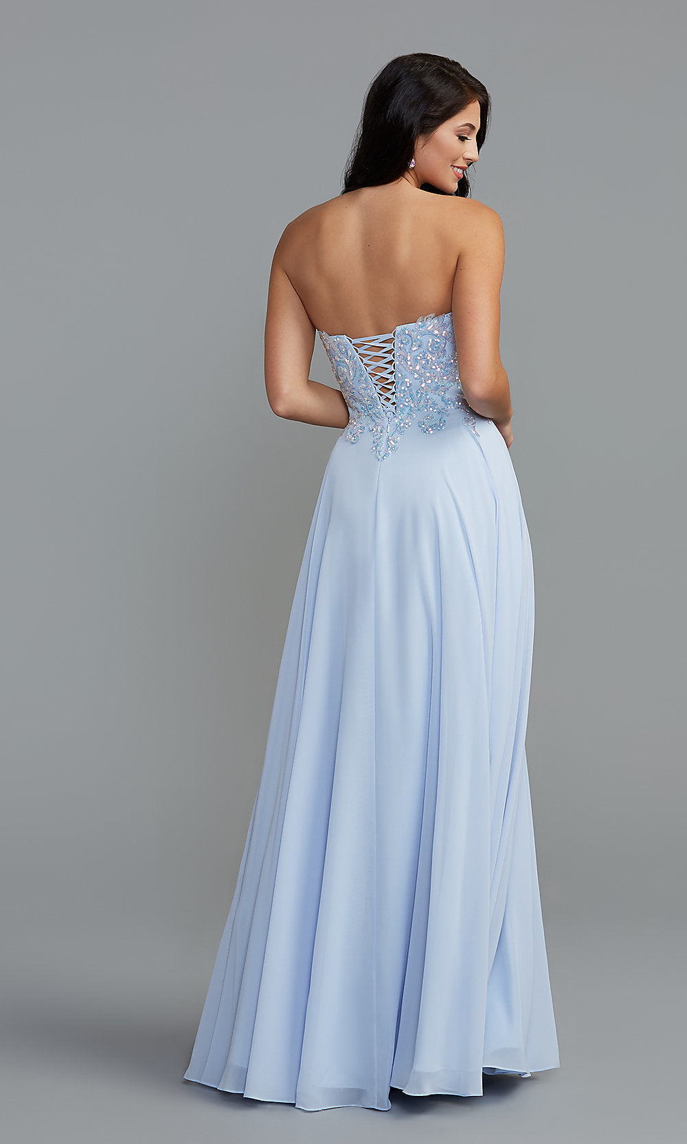  Iridescent-Sequin Long Blue Prom Dress