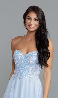  Iridescent-Sequin Long Blue Prom Dress