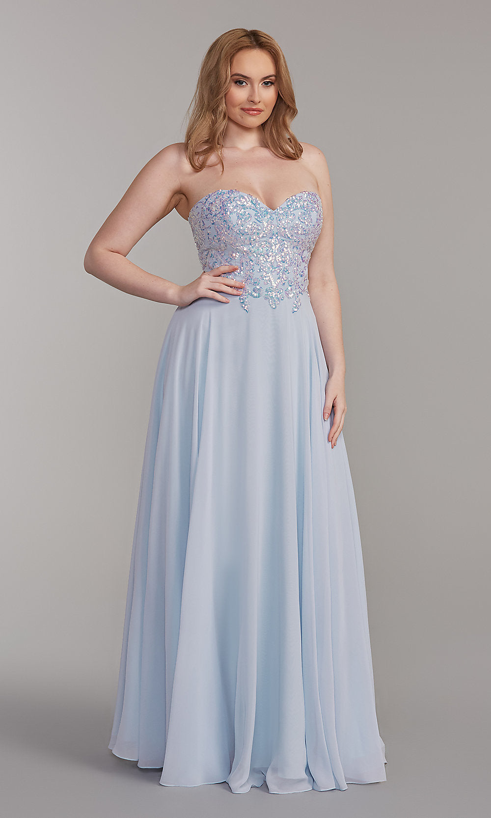  Iridescent-Sequin Long Blue Prom Dress