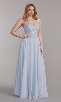  Iridescent-Sequin Long Blue Prom Dress
