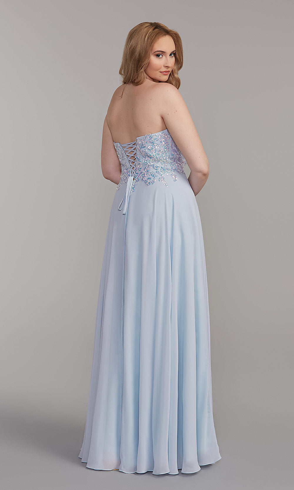 Iridescent-Sequin Long Blue Prom Dress
