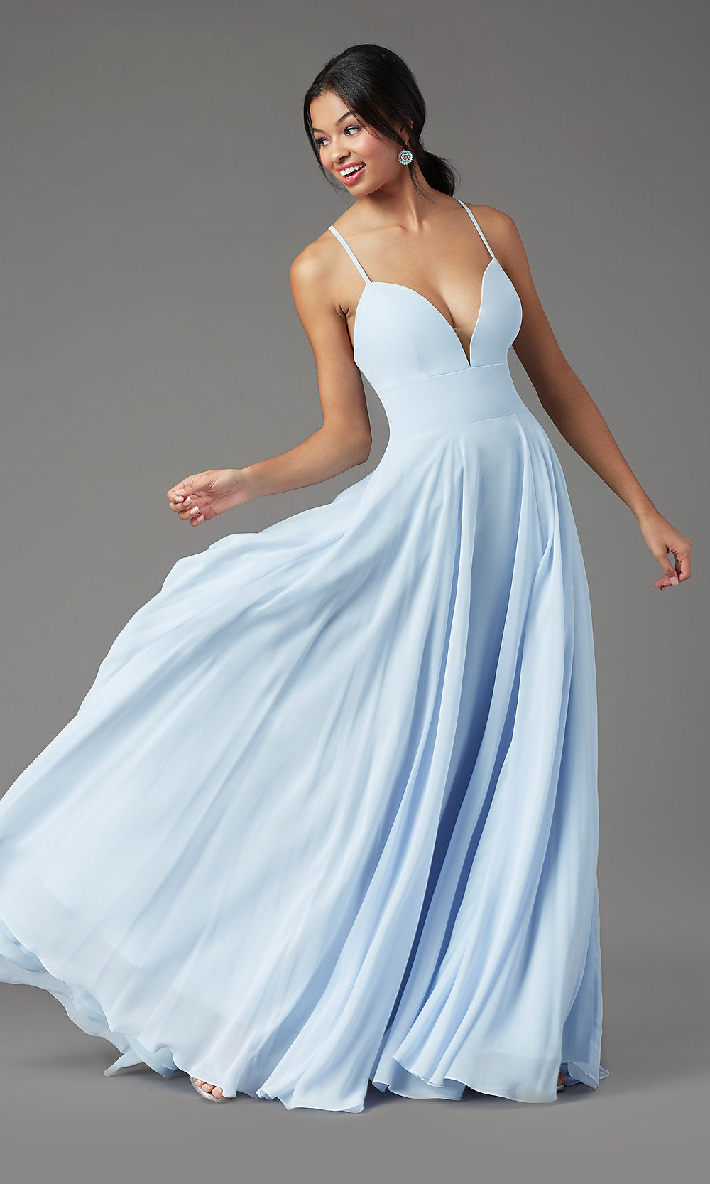 Sky Blue PromGirl Long Chiffon Formal Prom Dress with Train