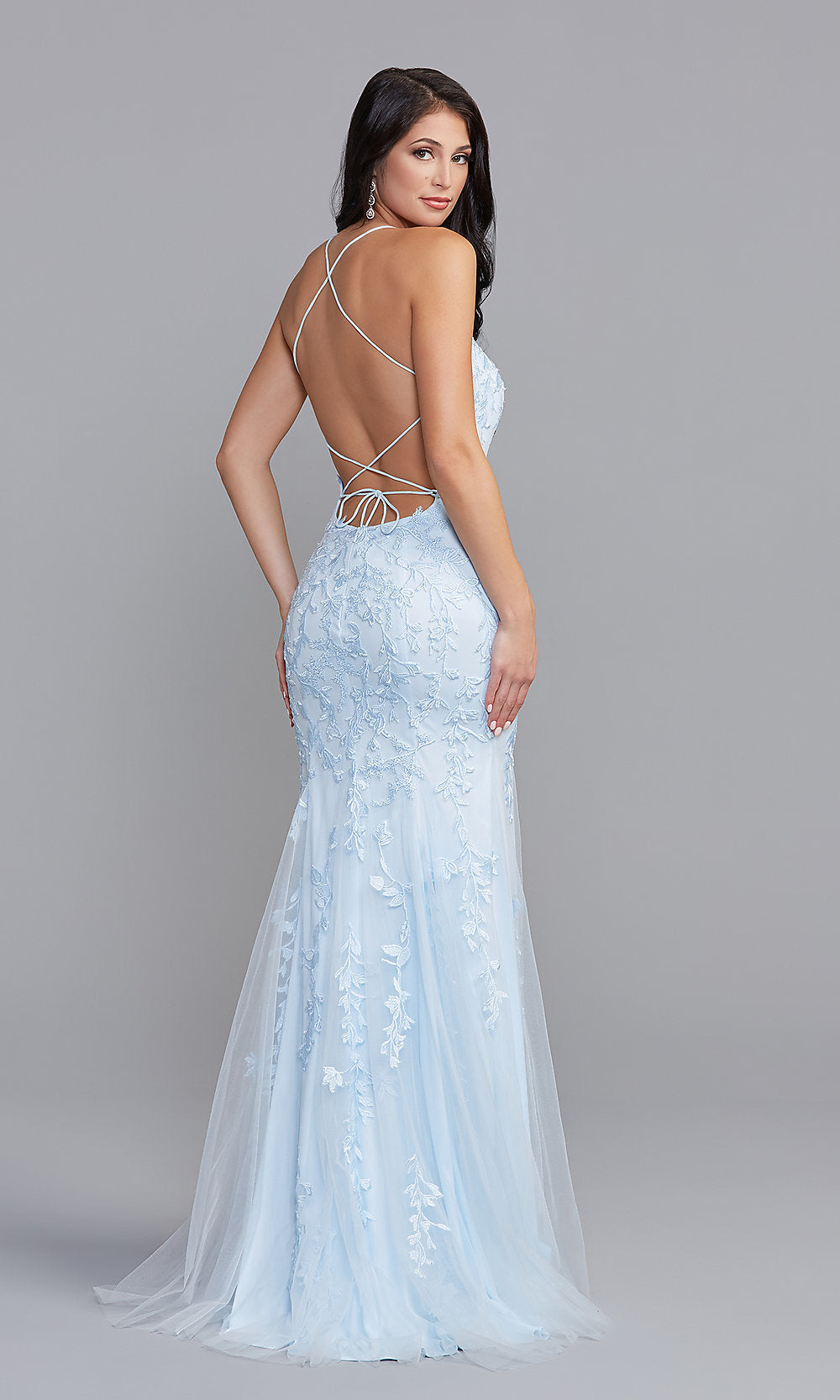  Backless Long Blue Formal Prom Gown with Beading