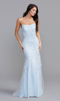 Backless Long Blue Formal Prom Gown with Beading