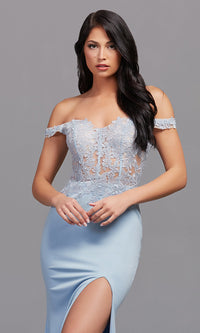  Off-Shoulder Sheer-Bodice Long Blue Prom Dress