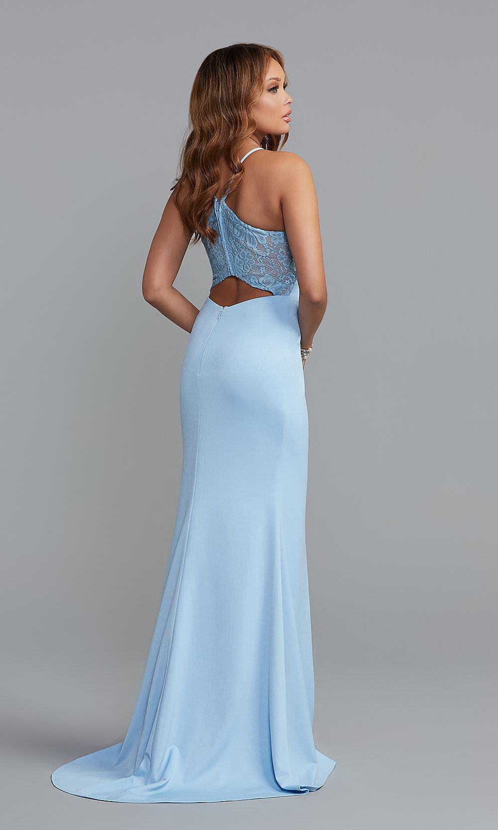  High-Neck Long Formal Prom Dress with Lace Back