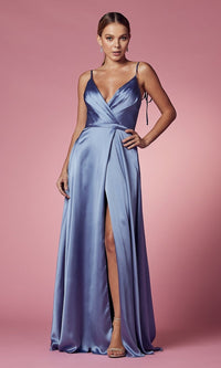 Slate Blue Shoulder-Tie Long Prom Dress with Pockets