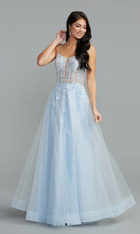 Soft Blue/Silver Long A-Line Prom Dress with Metallic Sheer Bodice