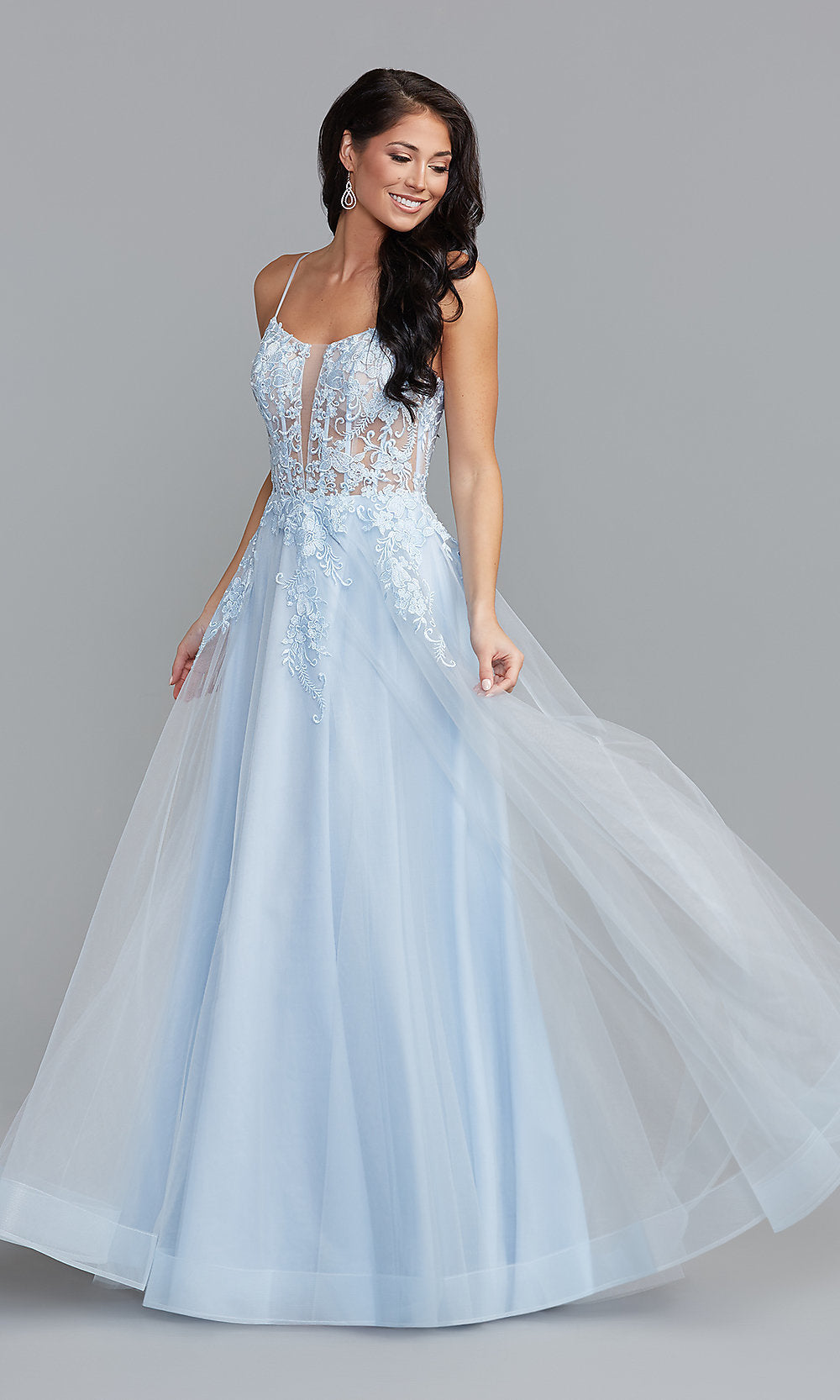 Soft Blue Embroidered Sheer-Bodice Long Blue Prom Dress