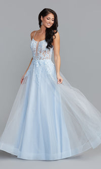 Soft Blue Embroidered Sheer-Bodice Long Blue Prom Dress
