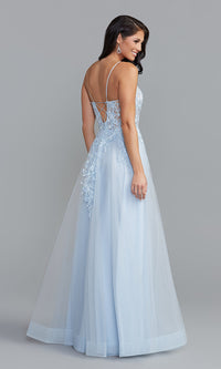  Embroidered Sheer-Bodice Long Blue Prom Dress