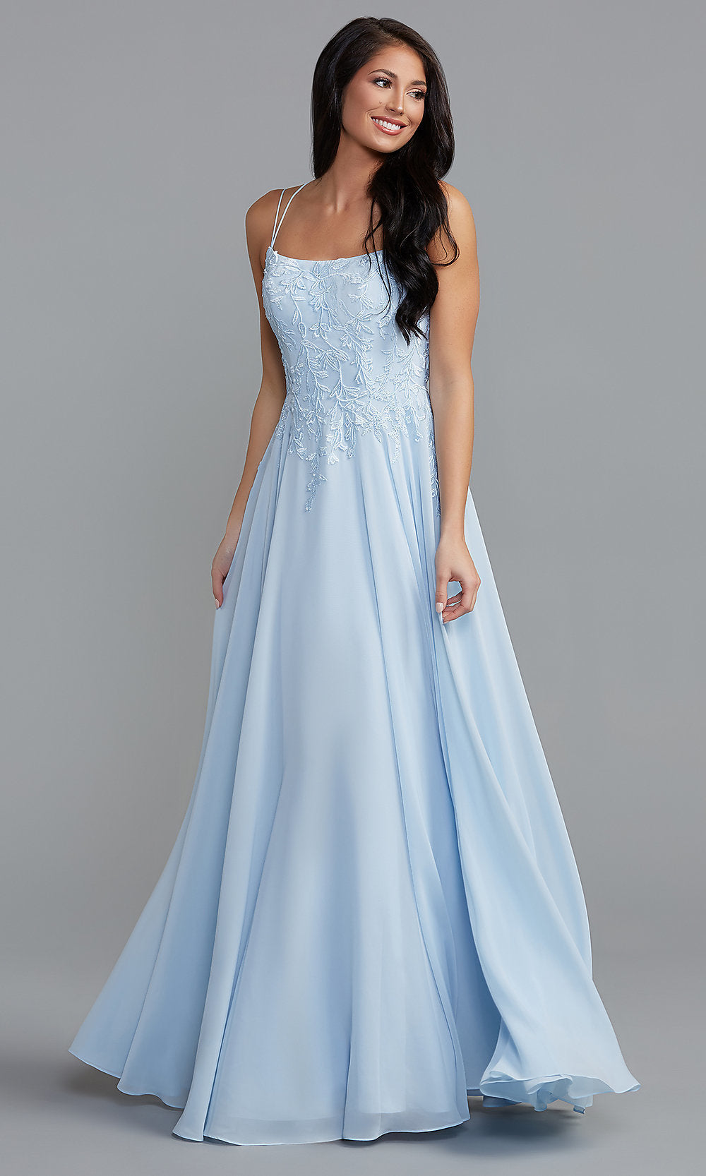 Soft Blue Strappy-Open-Back Long A-Line Prom Dress