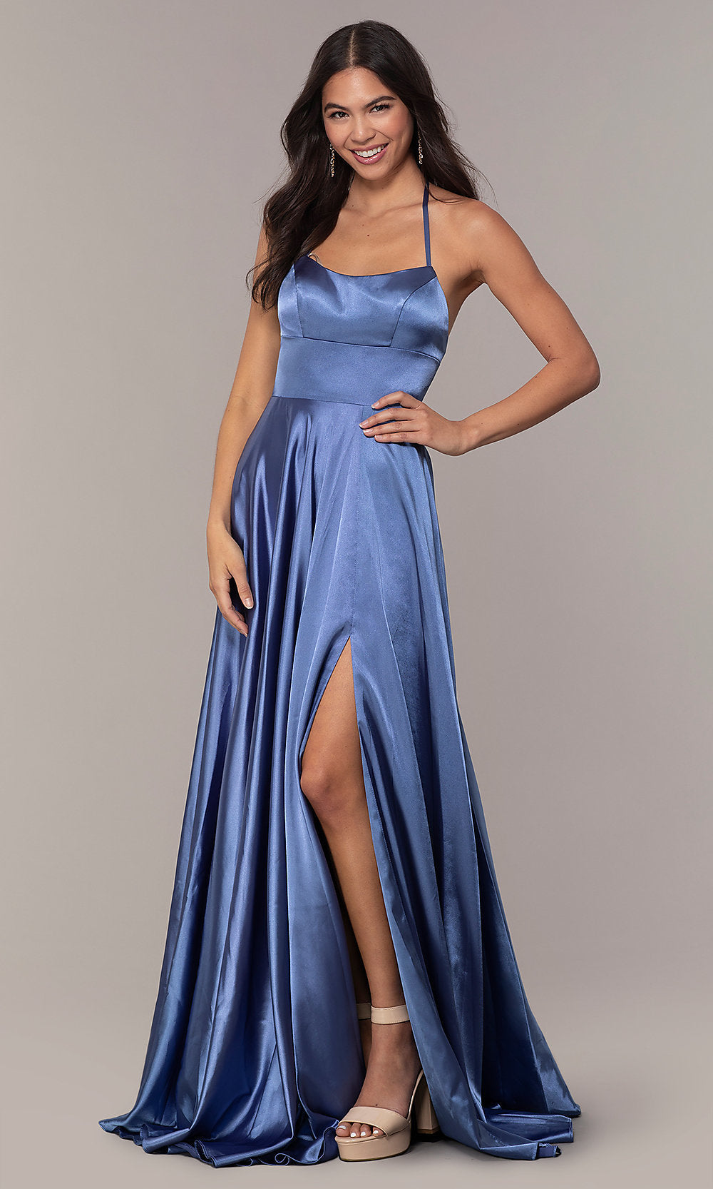 Steel Blue Faviana Long Open-Back Satin Formal Dress with Pockets