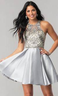 Silver Sheer Beaded-Bodice Short A-Line Homecoming Dress