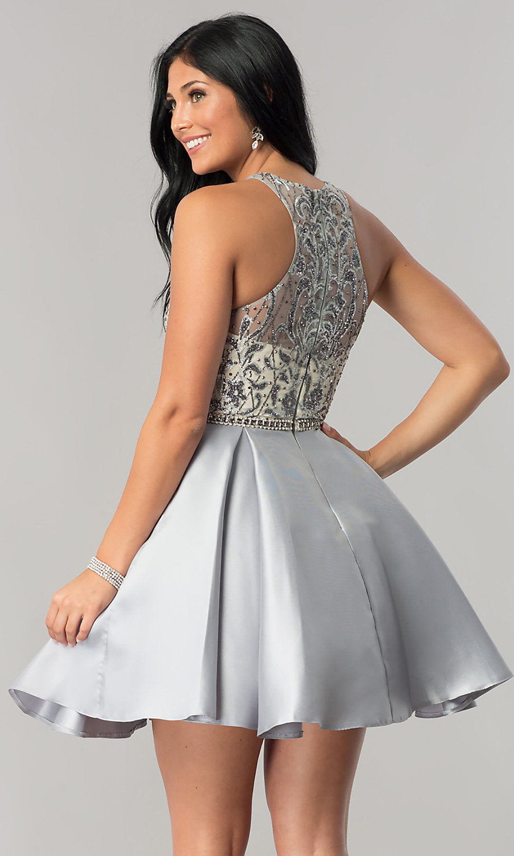  Sheer Beaded-Bodice Short A-Line Homecoming Dress