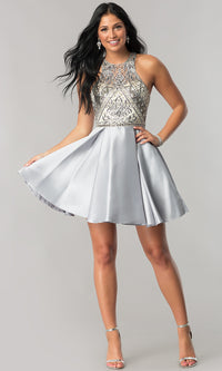 Sheer Beaded-Bodice Short A-Line Homecoming Dress
