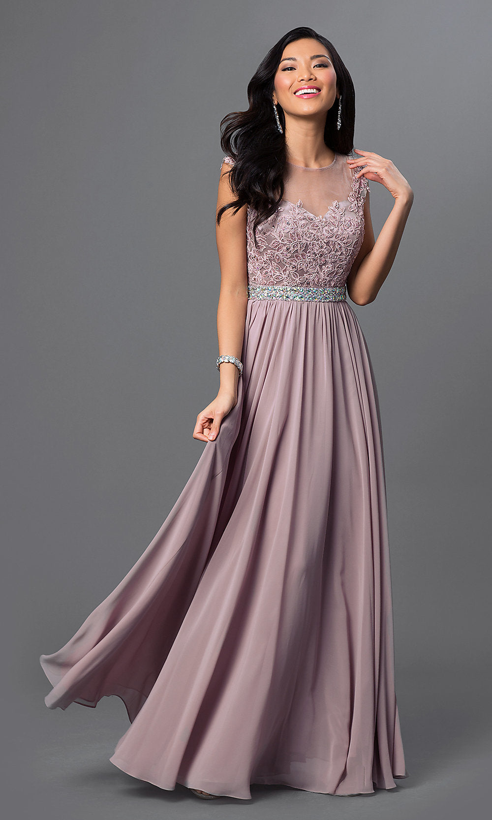 Long Formal Prom Dress with Cap Sleeves Taupe / Small