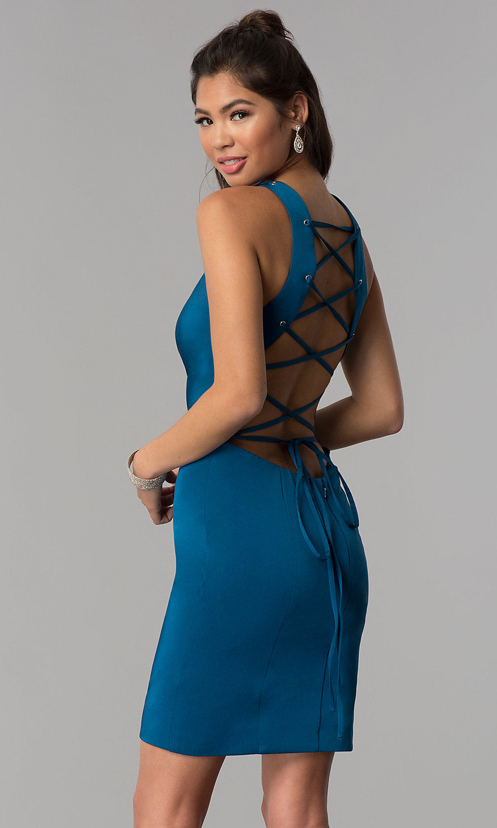 Teal Short Sheath Corset Tie-Back Teal Homecoming Dress