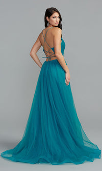  Ruched-Bodice Long A-Line Prom Dress with Slit