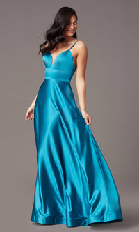 Teal Satin V-Neck Long Prom Dress with Pockets