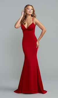 True Red Strappy-Back Long Prom Dress with Empire Waist