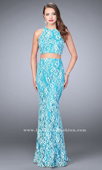 Turquoise/White Racer Back Two Piece Lace Long Prom Dress