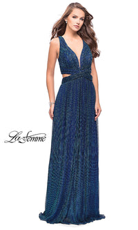 Turquoise/Multi Long Open-Back Illusion V-Neck Pleated La Femme Prom Dress