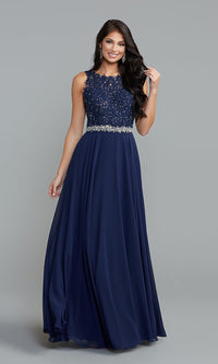 Twilight Beaded-Bodice Long Formal Dress with Cut-Out Back