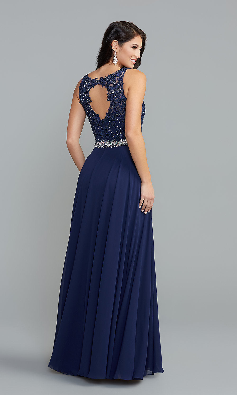  Beaded-Bodice Long Formal Dress with Cut-Out Back
