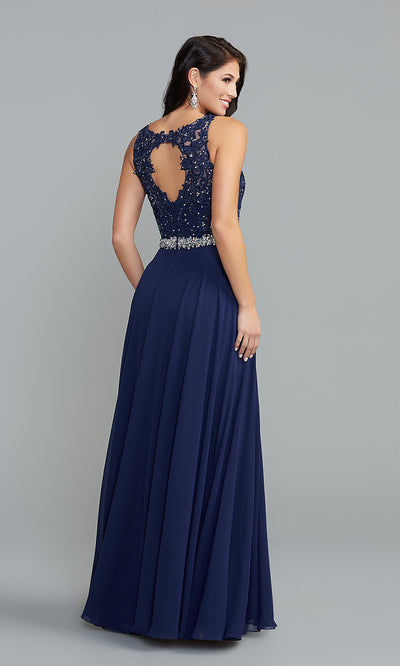 Long Beaded-Bodice Formal Dress with Cut-Out Back