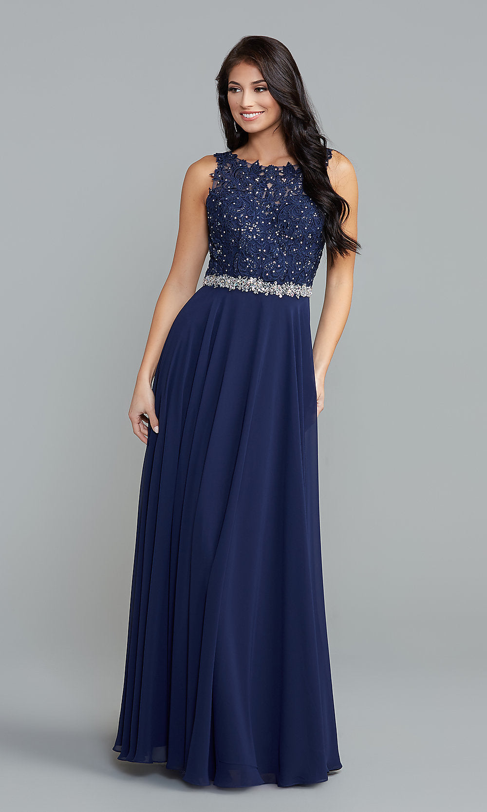  Beaded-Bodice Long Formal Dress with Cut-Out Back