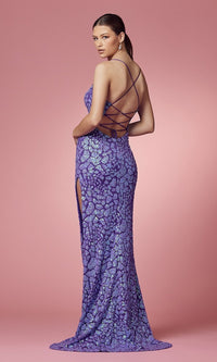 Iridescent-Sequin Long White Open-Back Prom Dress