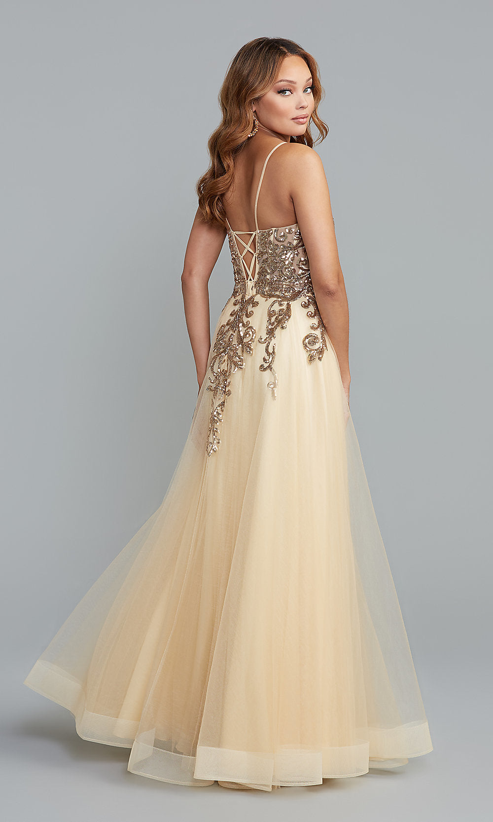  Long A-Line Prom Dress with Metallic Sheer Bodice