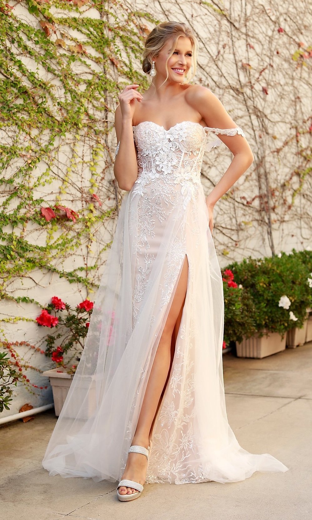 White/Champagne Off-the-Shoulder White Long Lace Formal Evening Gown
