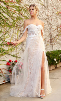  Off-the-Shoulder White Long Lace Formal Evening Gown