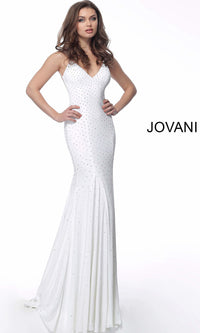 White Jovani Open-Back Beaded Long White Prom Dress