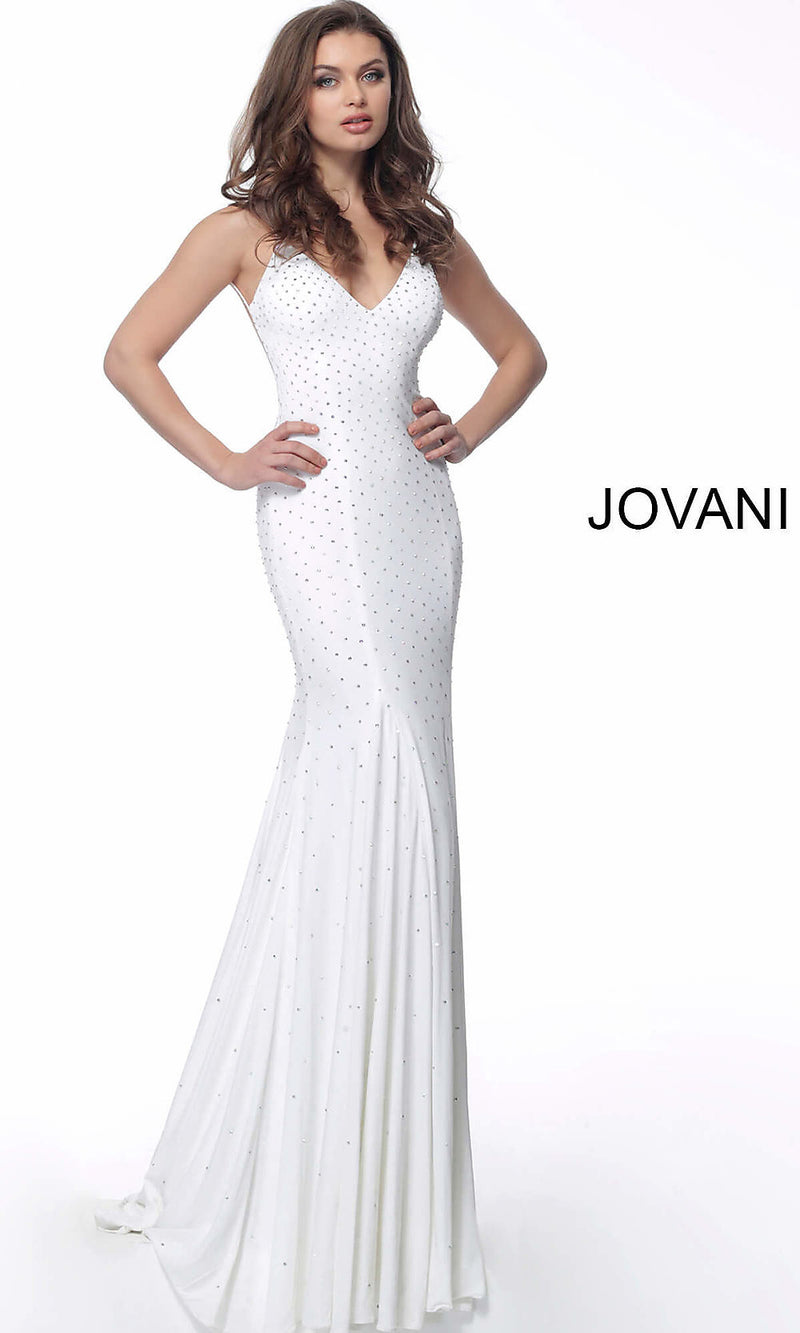 Open-Back Beaded Long White Prom Dress by Jovani