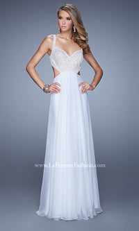 White V-Neck La Femme Long Dress with Cut Out Sides