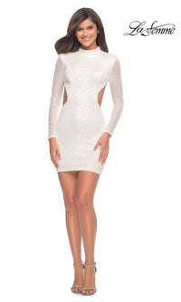 White La Femme Long Sleeve Short Sequin Cocktail Dress