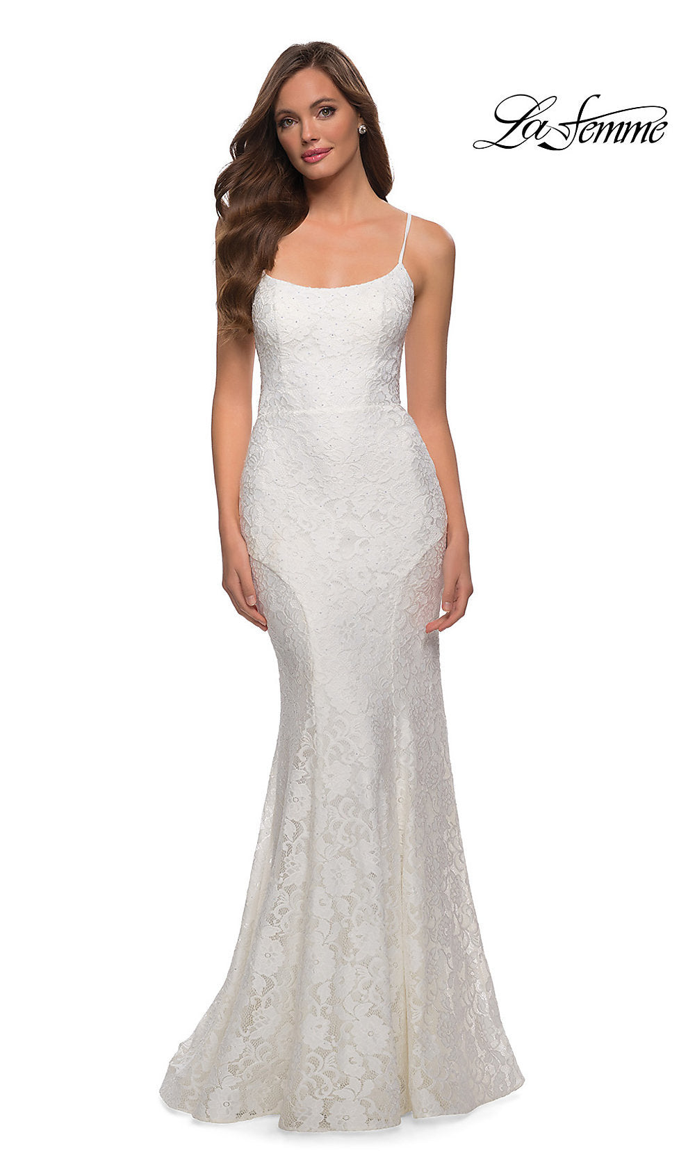 White Floral-Lace Long La Femme Mermaid Prom Dress