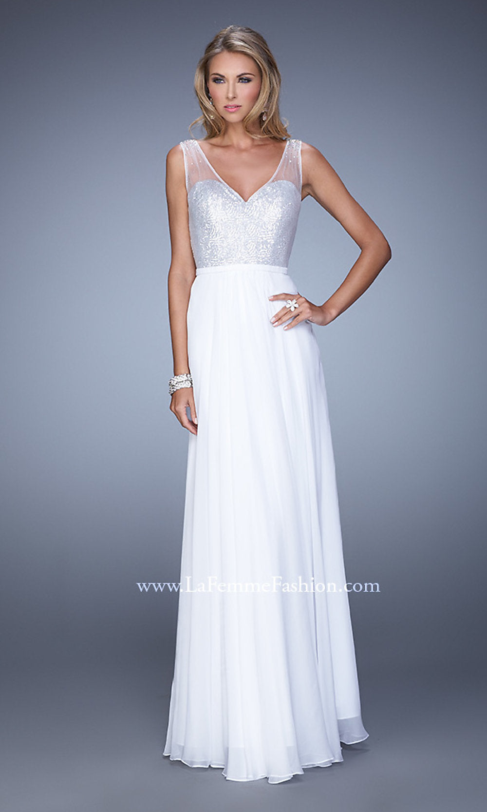 White Sequin-Bodice La Femme Long Prom Dress