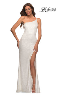 White One-Shoulder Long Sequin Prom Dress by La Femme