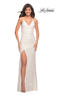 White La Femme Wrap-Style Long Sequin Prom Dress