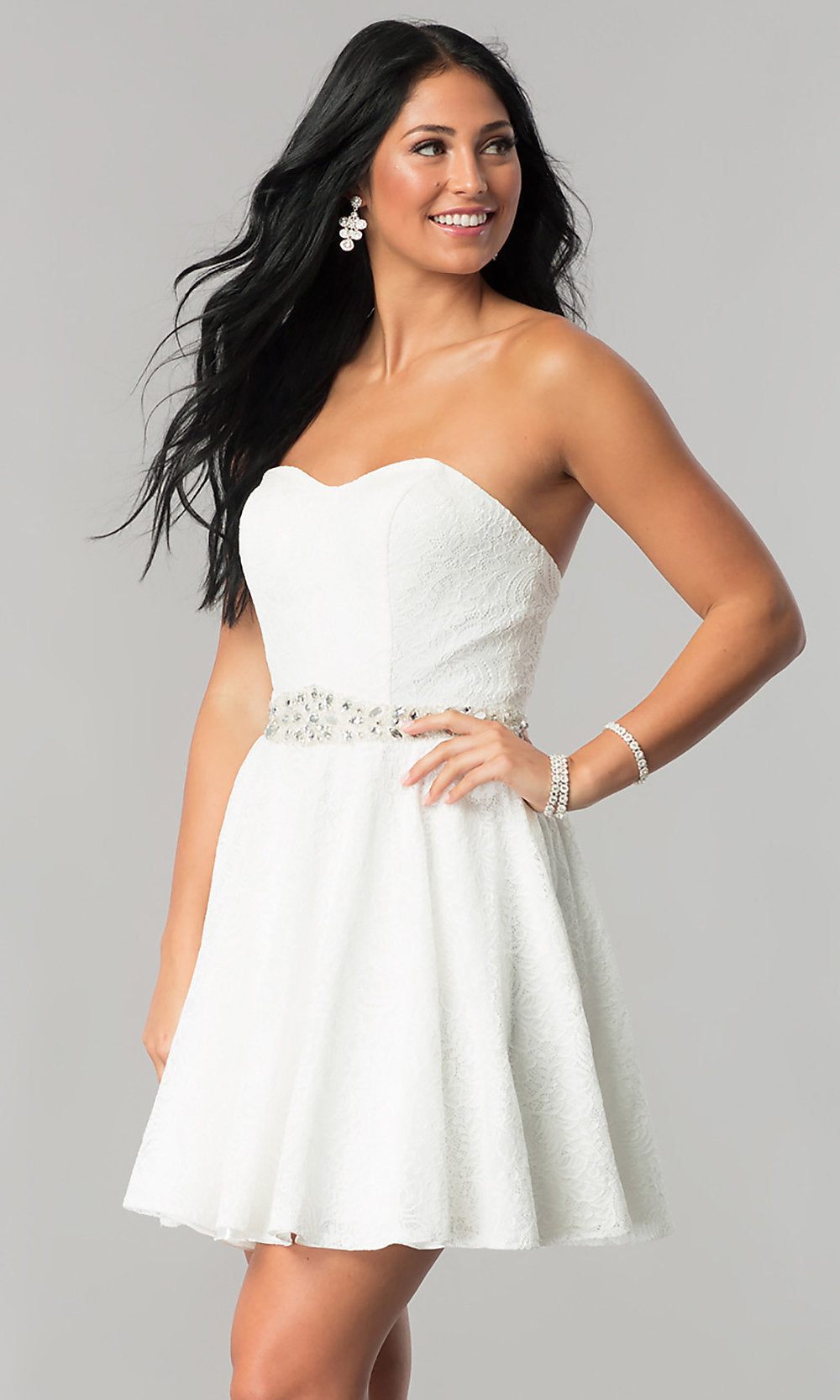  Beaded-Waist Short Strapless Lace Homecoming Dress