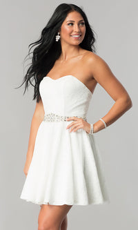  Beaded-Waist Short Strapless Lace Homecoming Dress