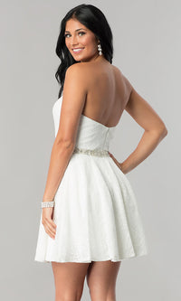  Beaded-Waist Short Strapless Lace Homecoming Dress